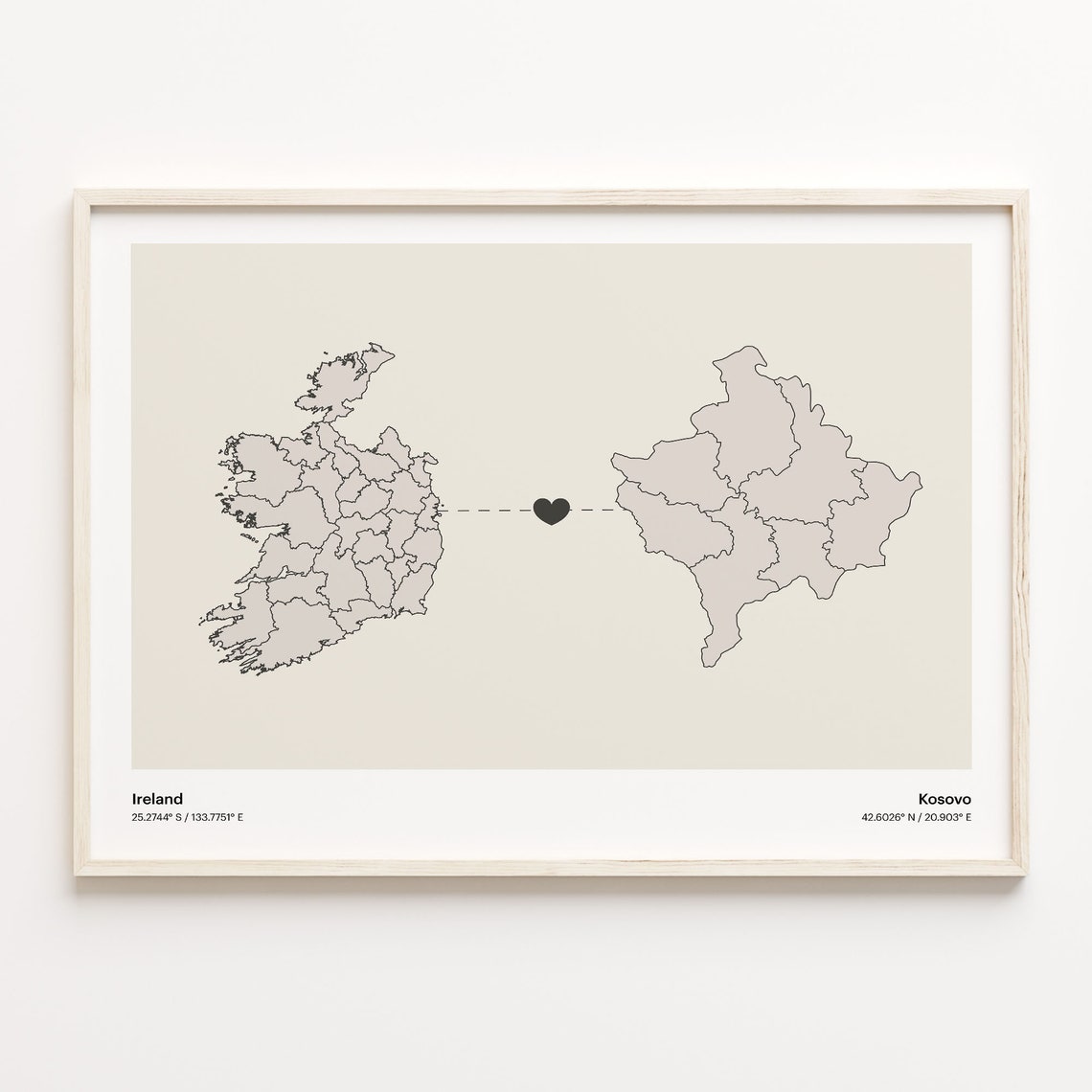 Ireland Kosovo Heart Connection Map Poster for Long Distance