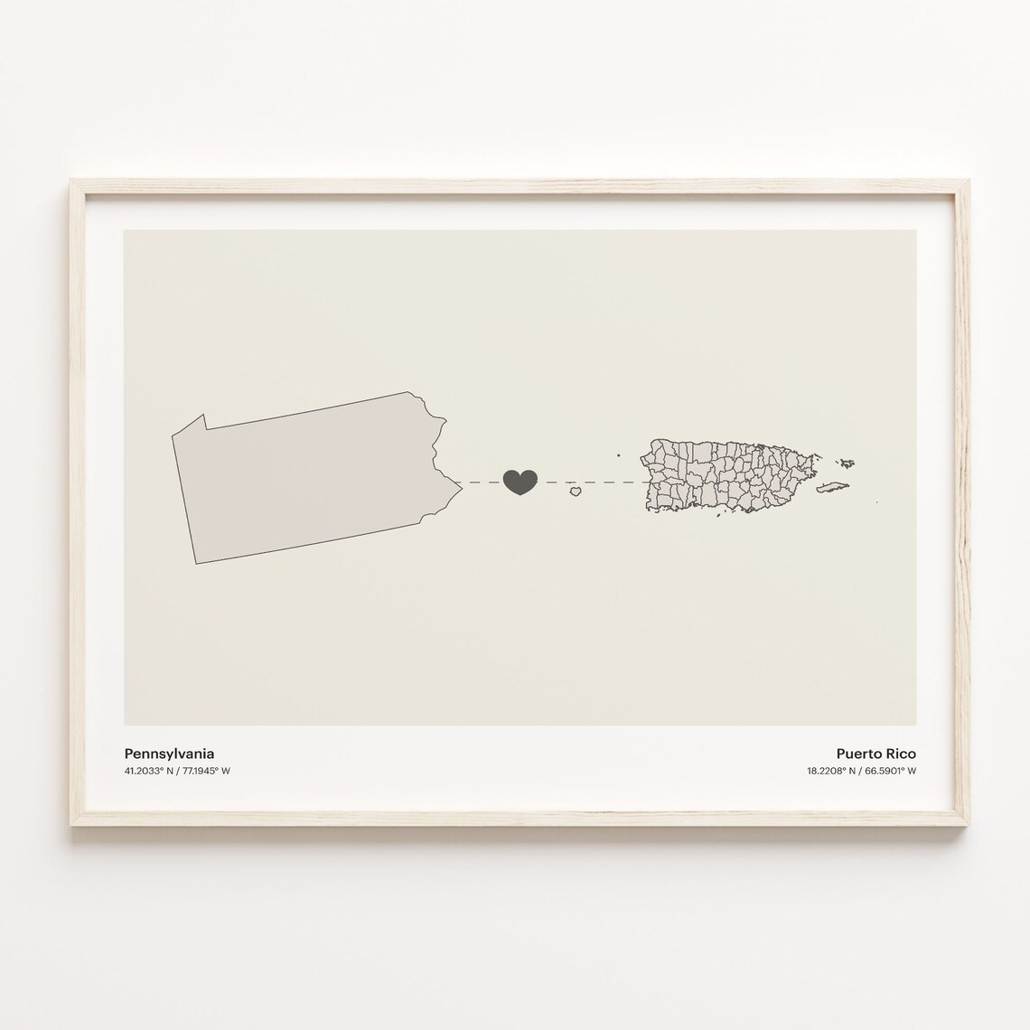 Pennsylvania to Puerto Rico Heartfelt Long Distance Connection Map Poster