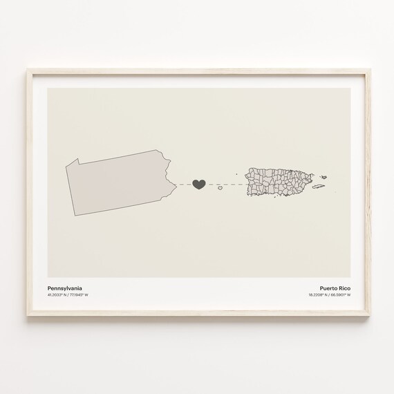 Pennsylvania to Puerto Rico Heartfelt Long Distance Connection Map Poster
