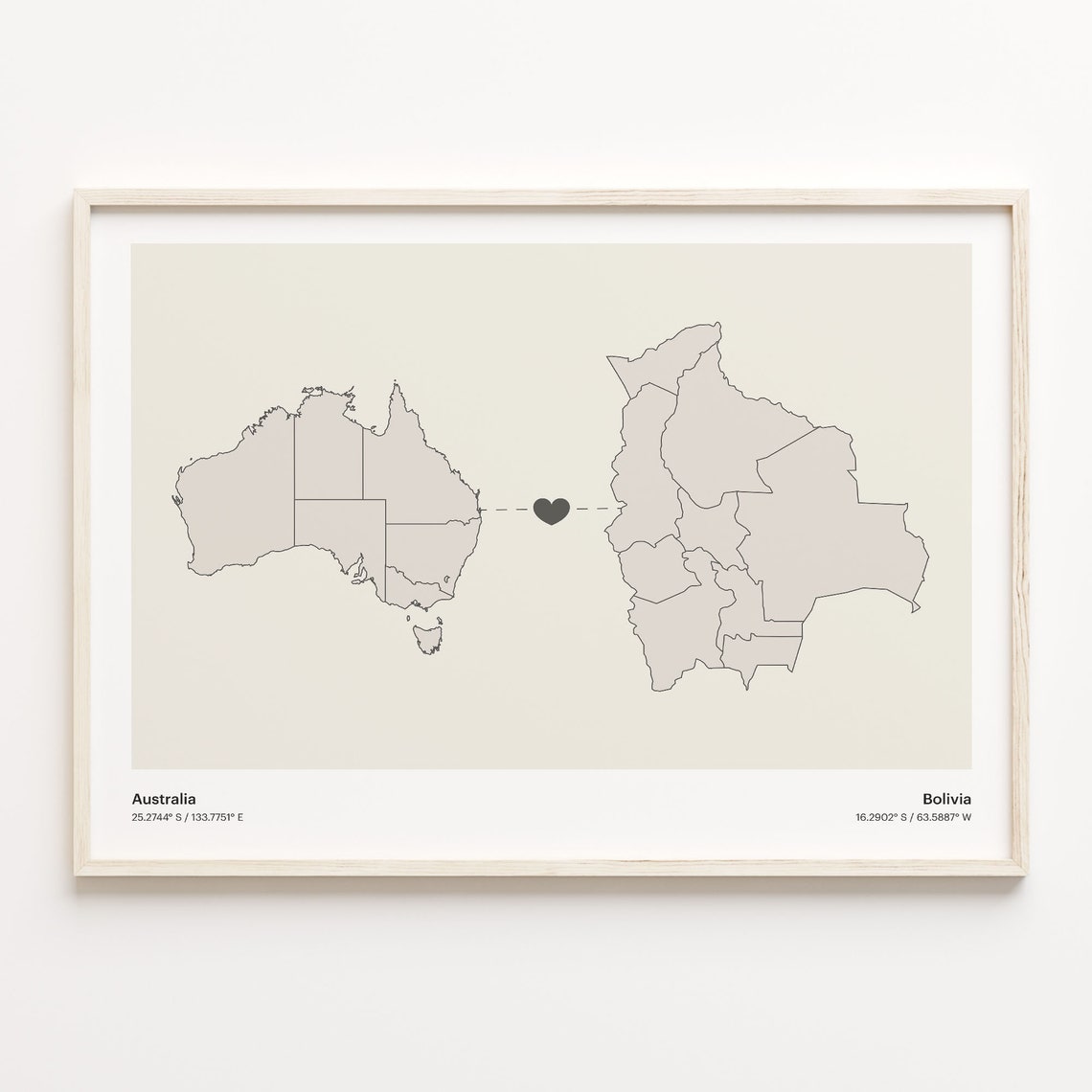 Australia to Bolivia Long Distance Heart Connection Map Poster