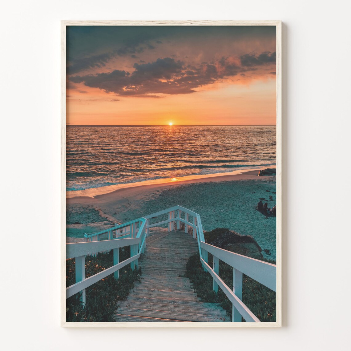 Wooden Staircase Beach Sunset Ocean Waves Coastal Photo Poster