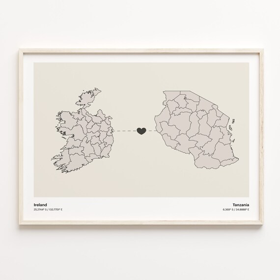 Ireland and Tanzania Couple Long Distance Love Heart Map Poster