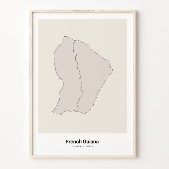 French Guiana Minimalist Outline Map Beige Coordinate Line Art Poster
