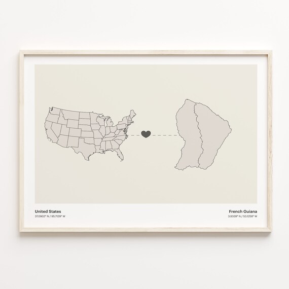 United States To French Guiana Long Distance Heart Connection Map Poster