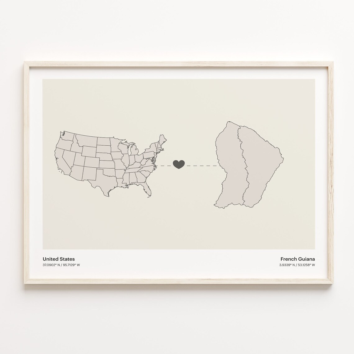 United States To French Guiana Long Distance Heart Connection Map Poster