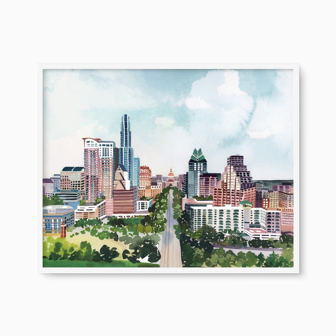 Austin Downtown Watercolor Travel Poster, Texas Capitol