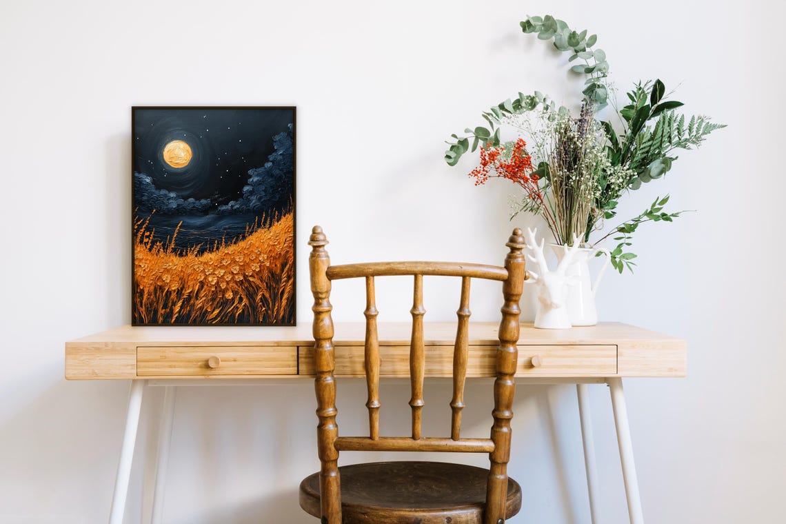 Moonlit Wheat Field Wall Art Starry Night Landscape Print Rustic Nature Poster Boho Farmhouse Decor 34 - Image 3
