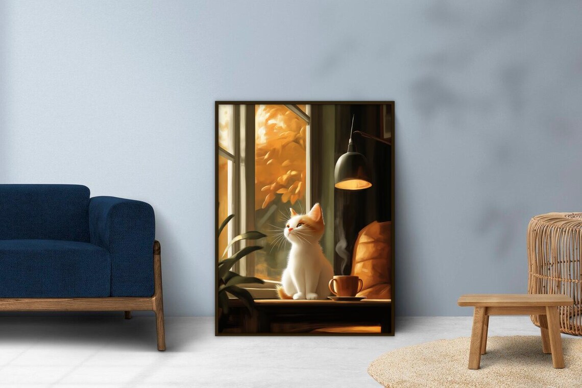 Cozy Autumn Cat Wall Art Print Warm Fall Window Scene With Cat And Coffee Minimalist Home Decor For Cat Lovers - Image 3