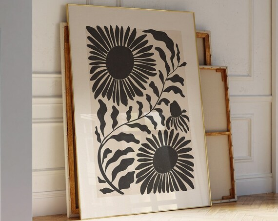 Abstract Sunflower Art Print, Black Beige Botanical