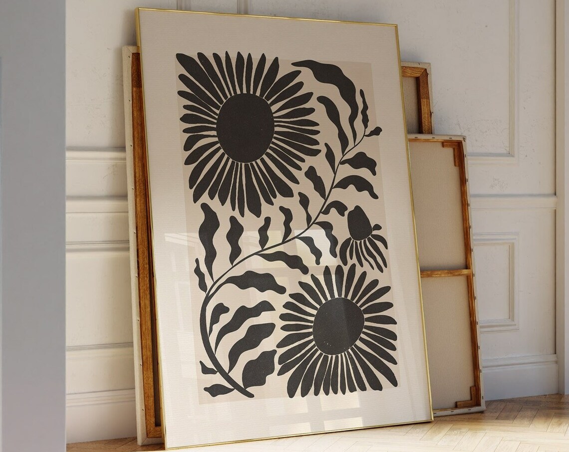 Abstract Sunflower Art Print, Black Beige Botanical