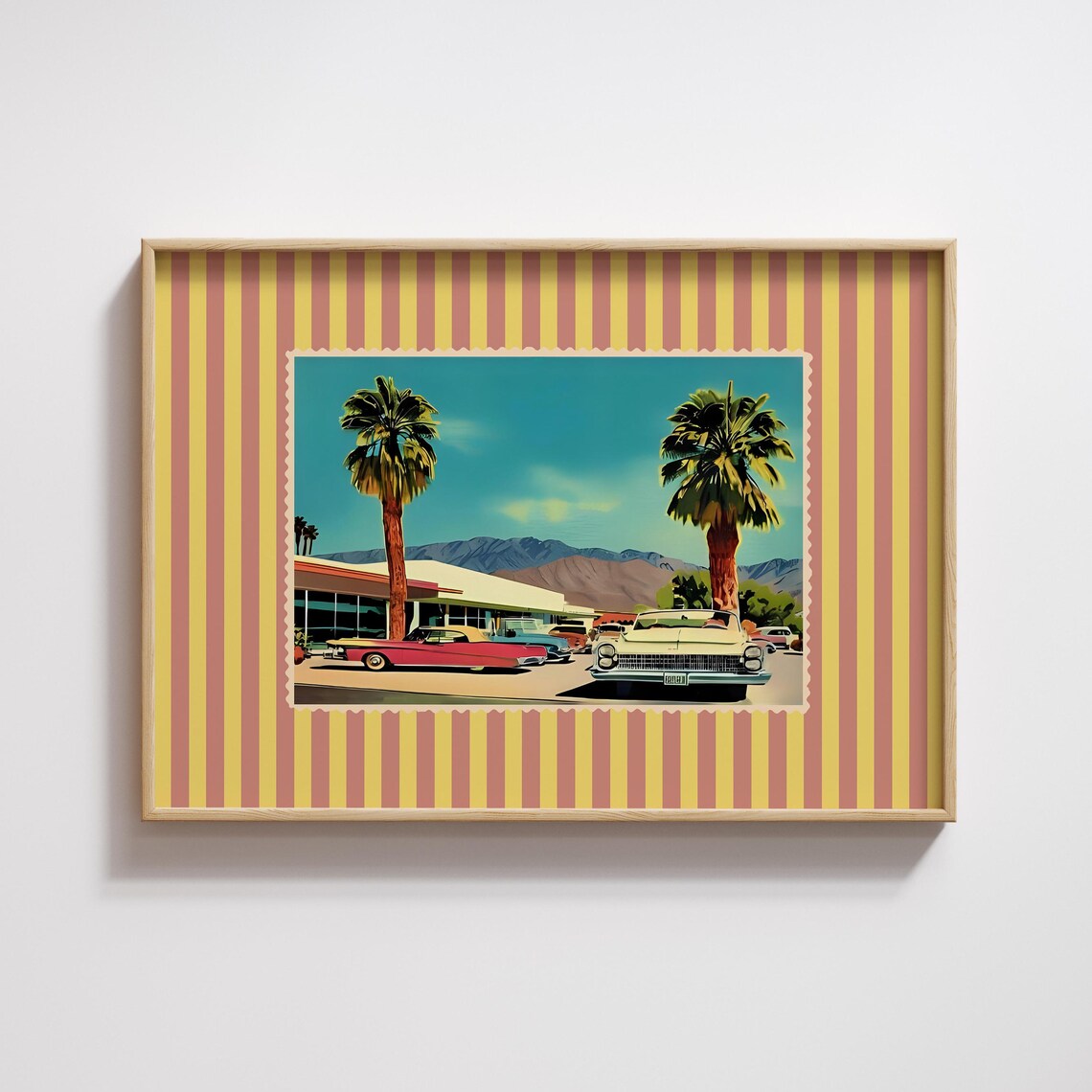 Palm Springs Retro Classic Cars Postcard Style Striped Poster Art