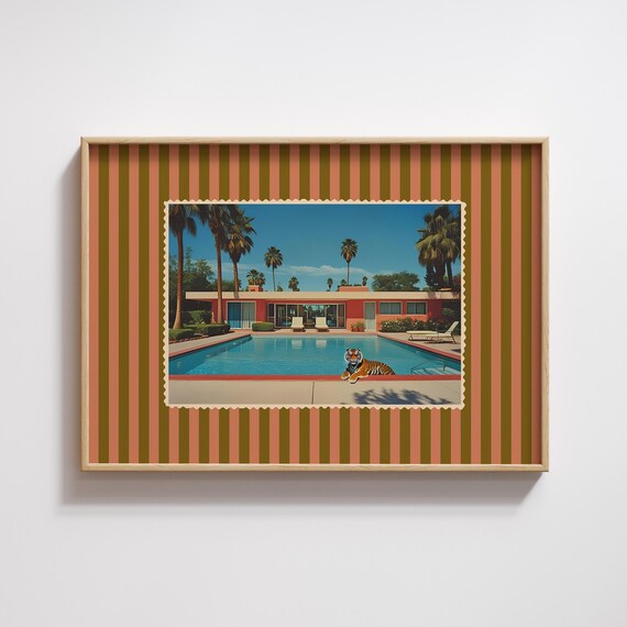 Palm Springs Retro Art Poolside Tiger Poster Eclectic Vintage Postcard Print Trendy Striped Maximalist Decor 73