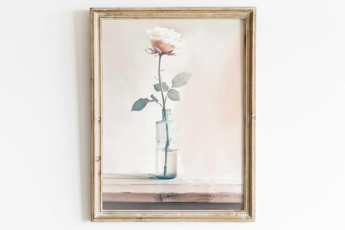 Vintage Floral Print Pink Rose Wall Art Rose Paintingc Rose In Vase Country Style Art Modern Farmhouse Home Decor Flower Art