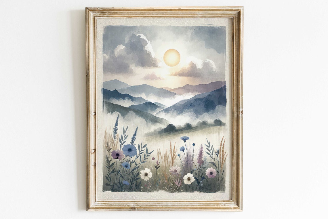 Wildflower Meadow at Sunrise with Misty Blue Mountains Wall Art