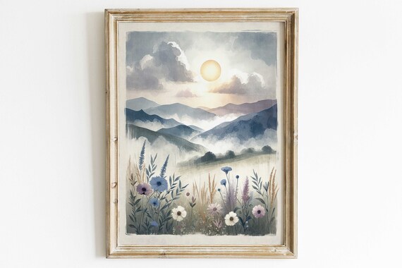 Wildflower Meadow at Sunrise with Misty Blue Mountains Wall Art