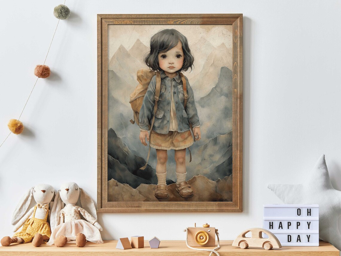 Little Girl Explorer With Backpack On Mountain Peak Adventure Art Print