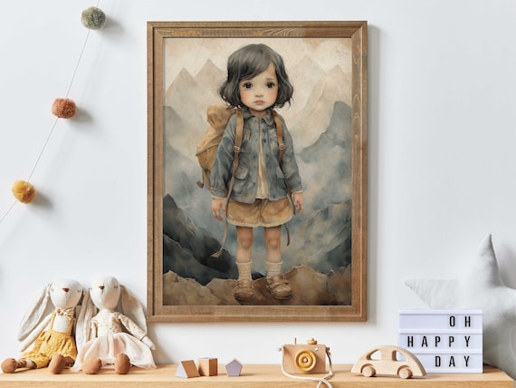 Little Girl Explorer With Backpack On Mountain Peak Adventure Art Print