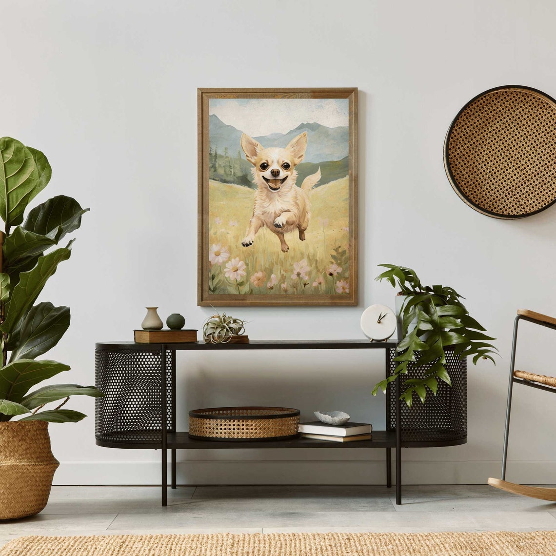 Happy Chihuahua Running Through Flower Meadow Mountain Poster - Image 2