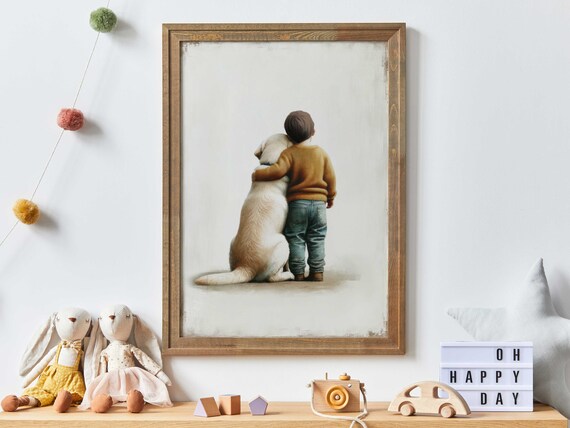 Little Boy Hugging a Yellow Labrador Dog Heartwarming Wall Art