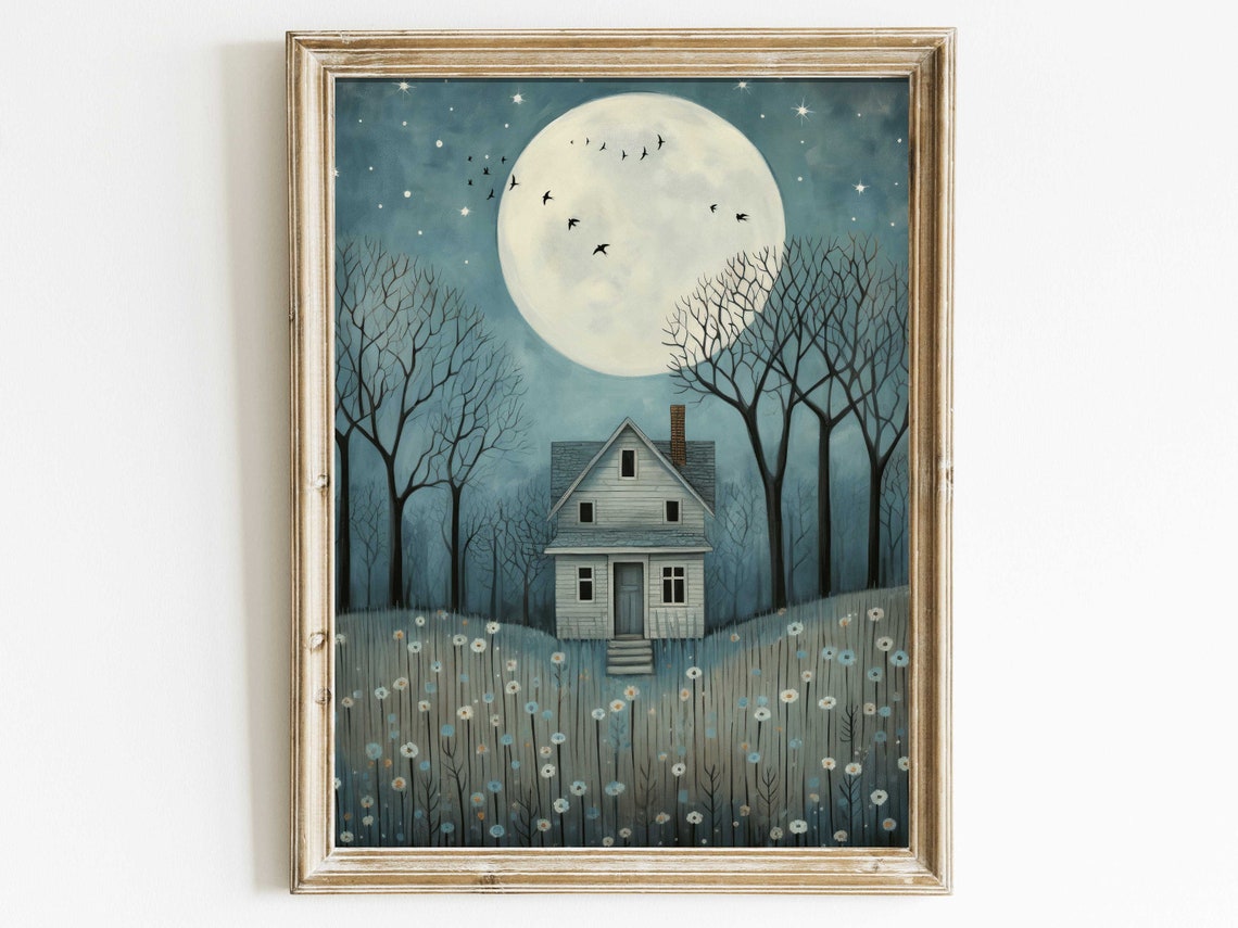 Cozy Little Cottage Under a Giant Full Moon Starry Night Poster - Image 2