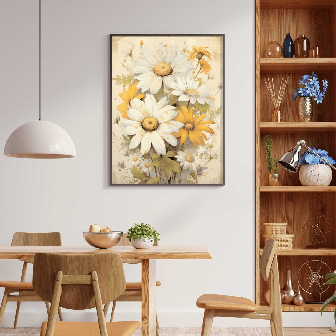 White Daisies and Golden Yellow Blooms Rustic Botanical Poster - Image 2