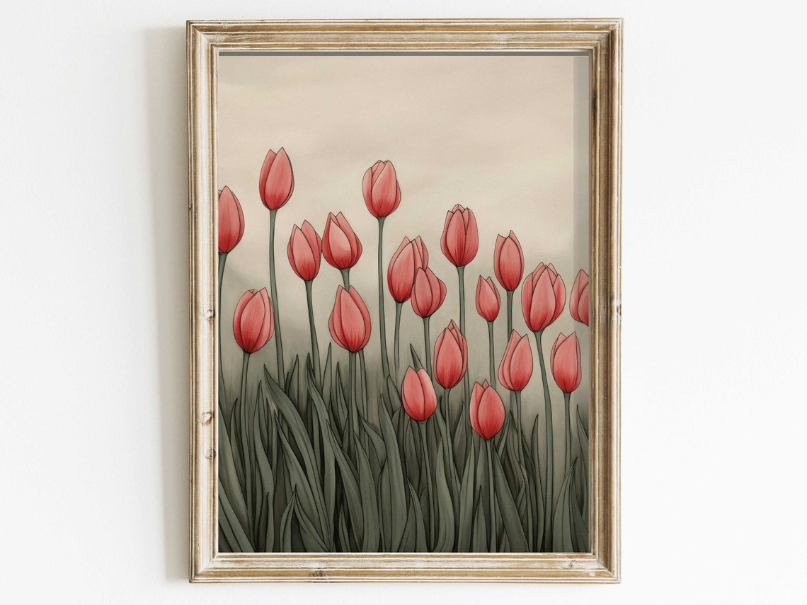 Field of Tall Red Tulips Modern Botanical Floral Painting Poster