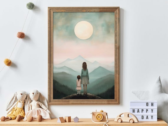 Mother and Daughter on Mountaintop Under Full Moon Adventure Poster