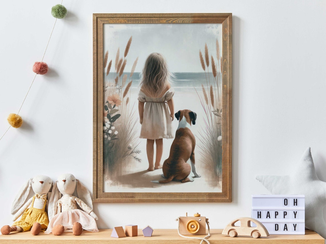 Little Girl and Boxer Dog by the Ocean Beach Seascape Art Print