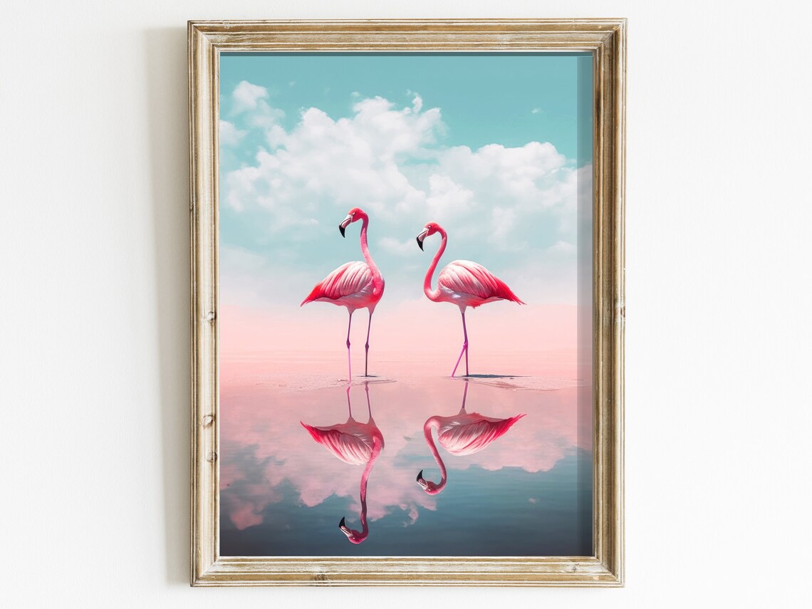Minimalist Flamingos At Waters Edge Art Print