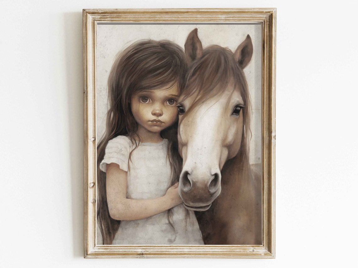 Young Girl Tenderly Hugging Her Horse in Soft Sepia Tones Poster