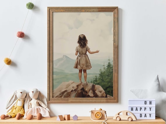 Little Girl In Tan Dress On Rocky Overlook Mountain Art Poster