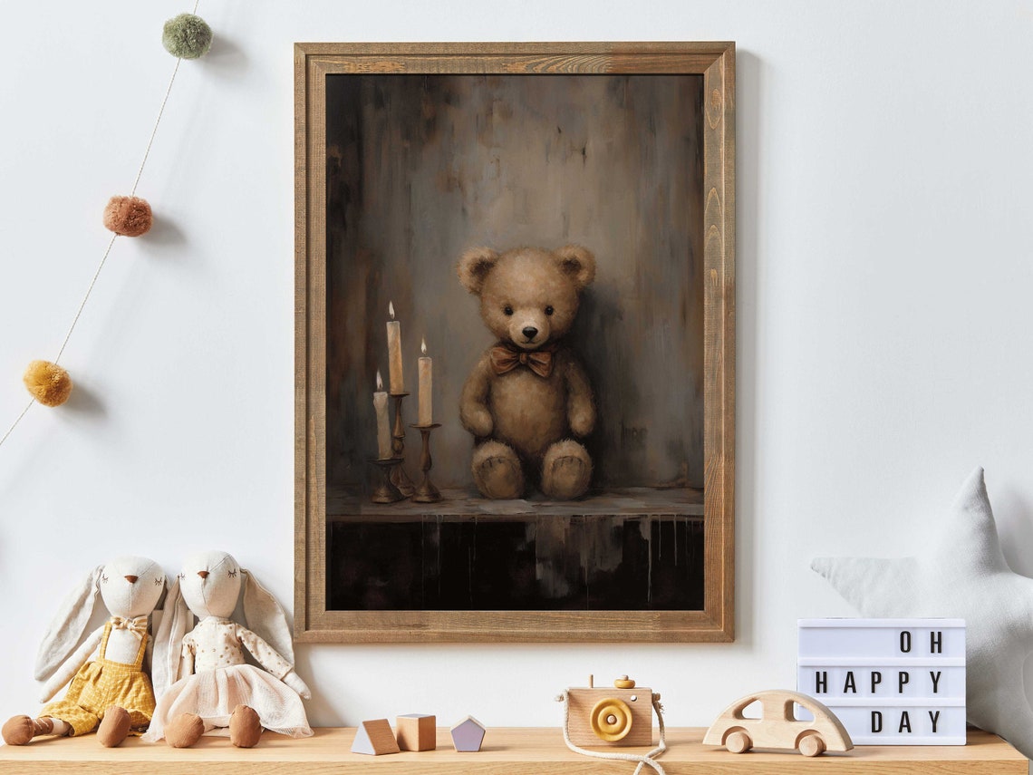 Vintage Teddy Bear With Bow Tie And Candles Dark Nursery Wall Poster