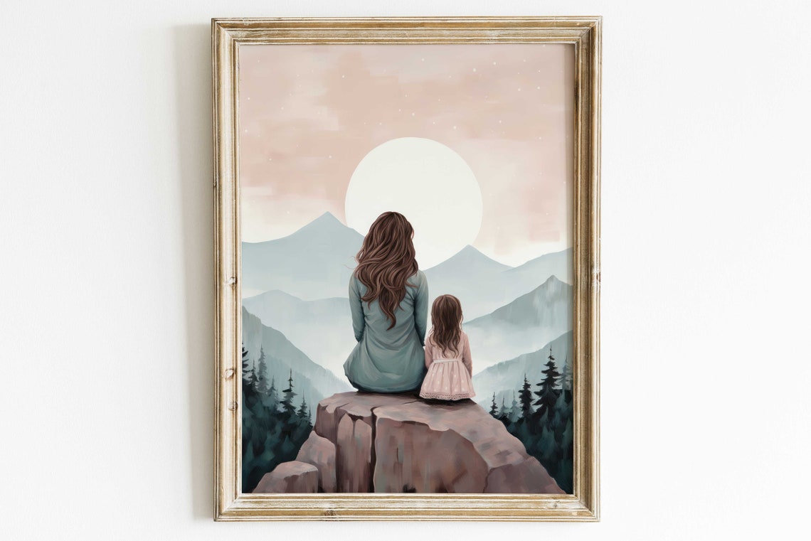 Mother and Daughter Watching Sunrise Over Mountain Peaks Art Poster
