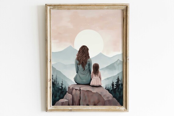 Mother and Daughter Watching Sunrise Over Mountain Peaks Art Poster