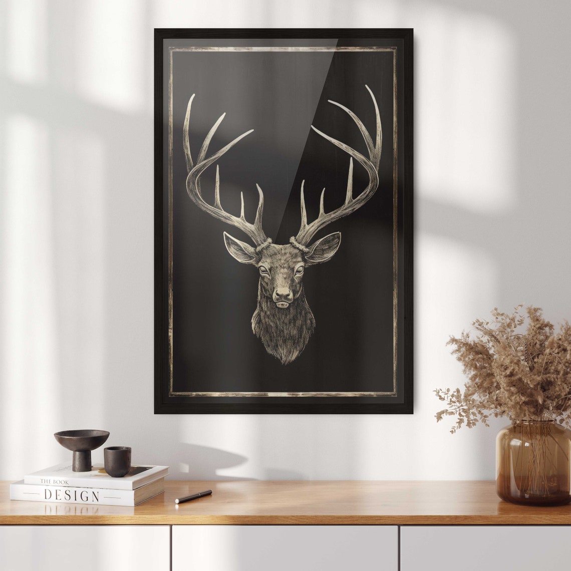 Majestic Golden Stag Head With Antlers On Black Chalkboard Poster - Image 2