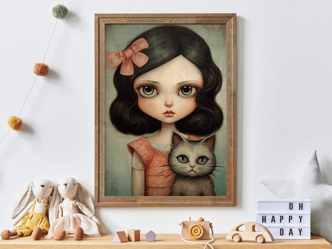Big-Eyed Girl With Her Gray Cat in a Whimsical Portrait Poster