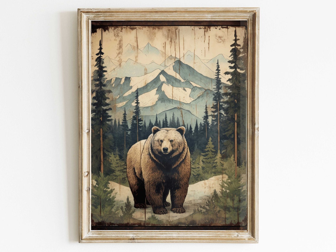 Vintage Brown Bear With Mountain Forest Background Rustic Wildlife Poster