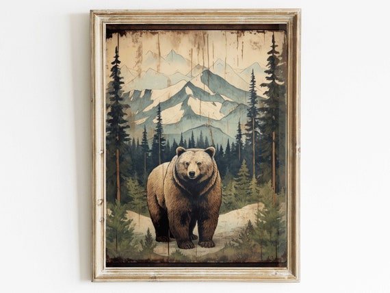 Vintage Brown Bear With Mountain Forest Background Rustic Wildlife Poster
