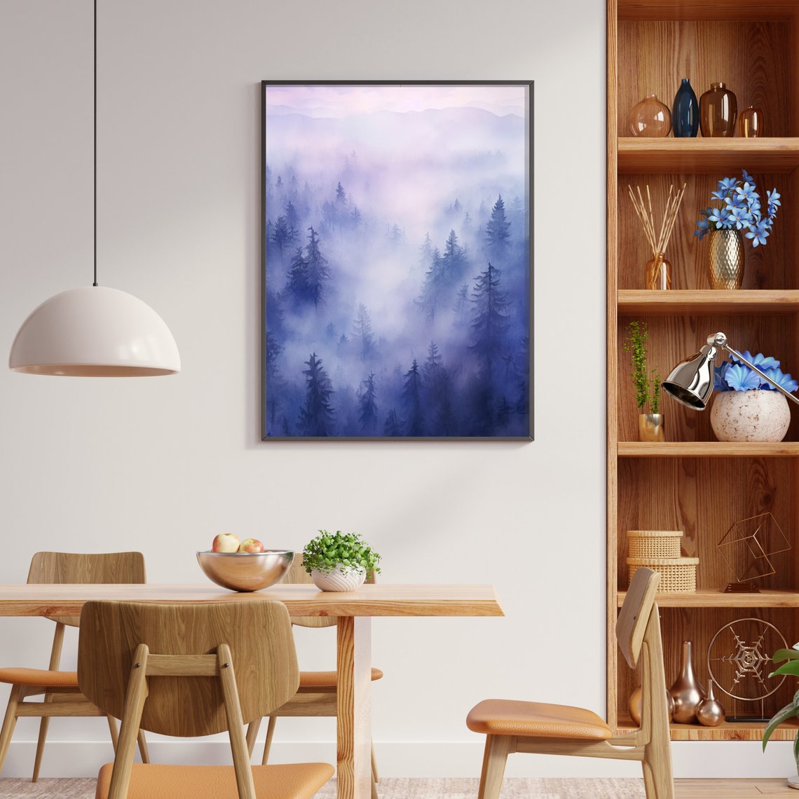 Misty Lavender Pine Forest Dreamy Watercolor Landscape Poster - Image 2