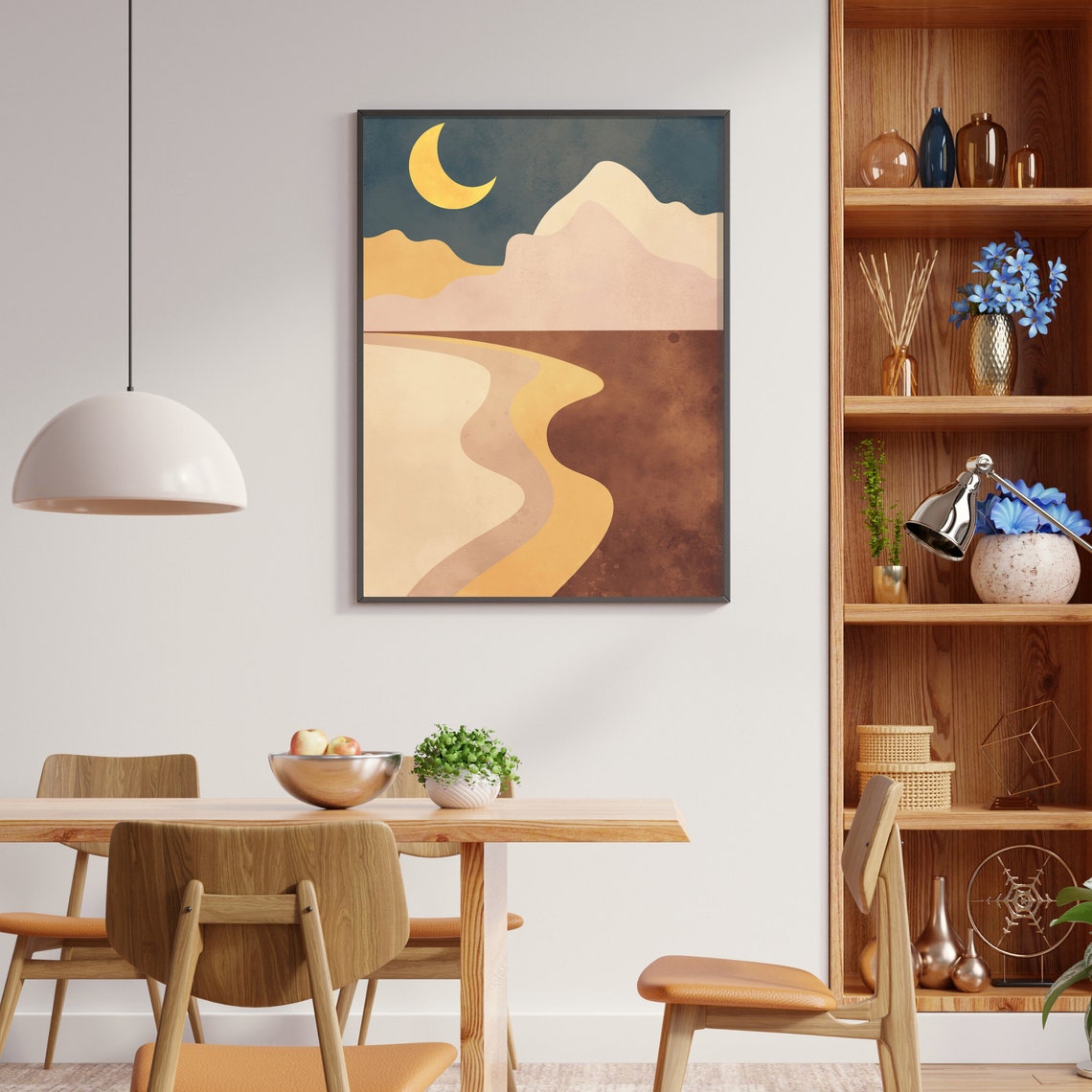 Boho Golden Crescent Moon Over Warm Desert Dunes Abstract Poster - Image 2