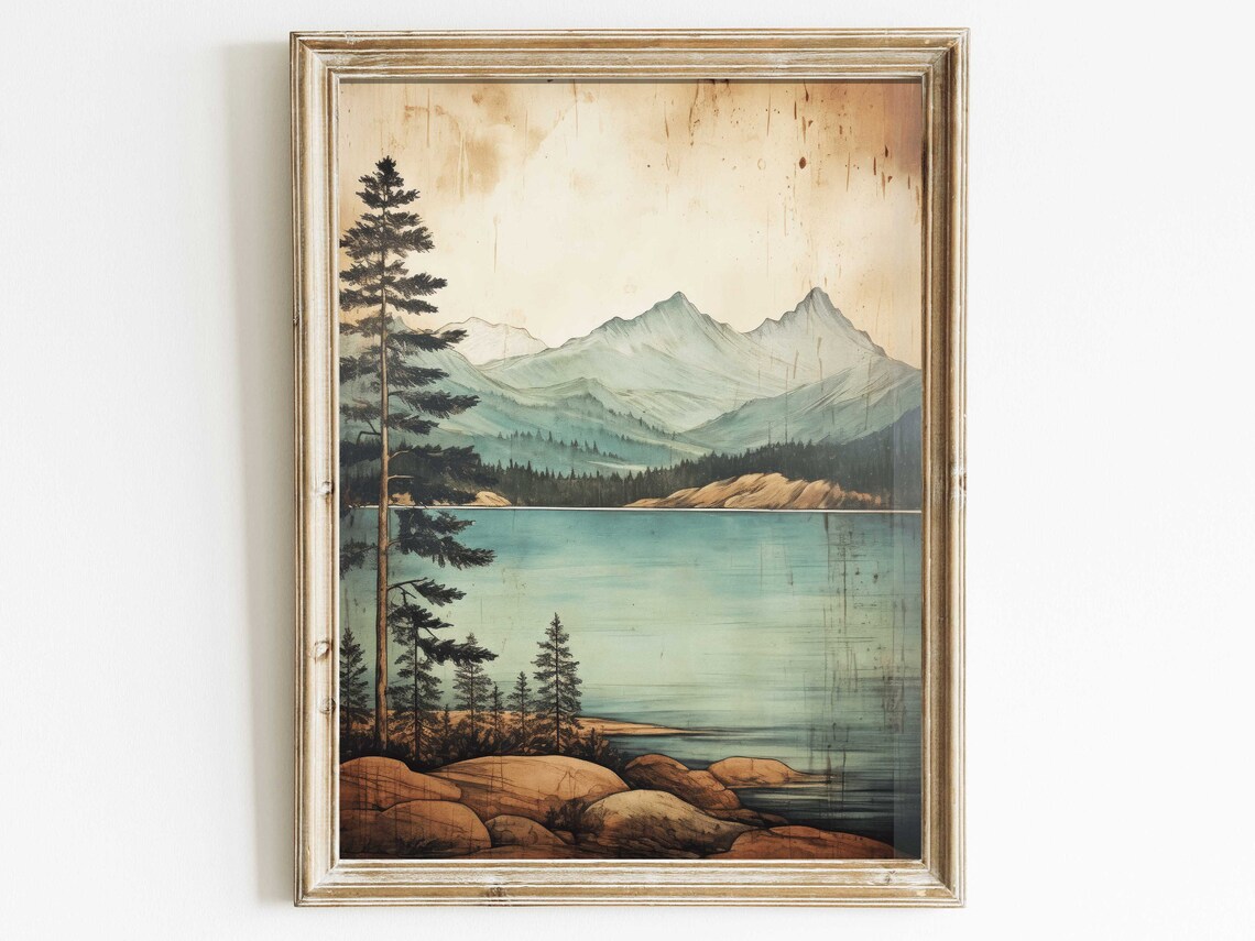 Lake Mountain Vintage Nature Art Print, Rustic
