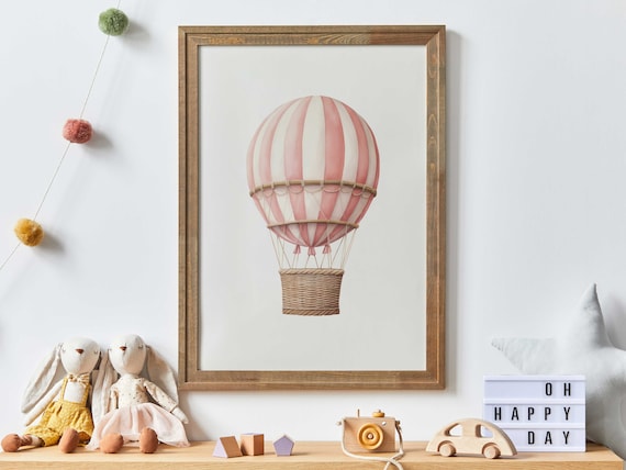 Pink And White Striped Hot Air Balloon Watercolor Nursery Poster