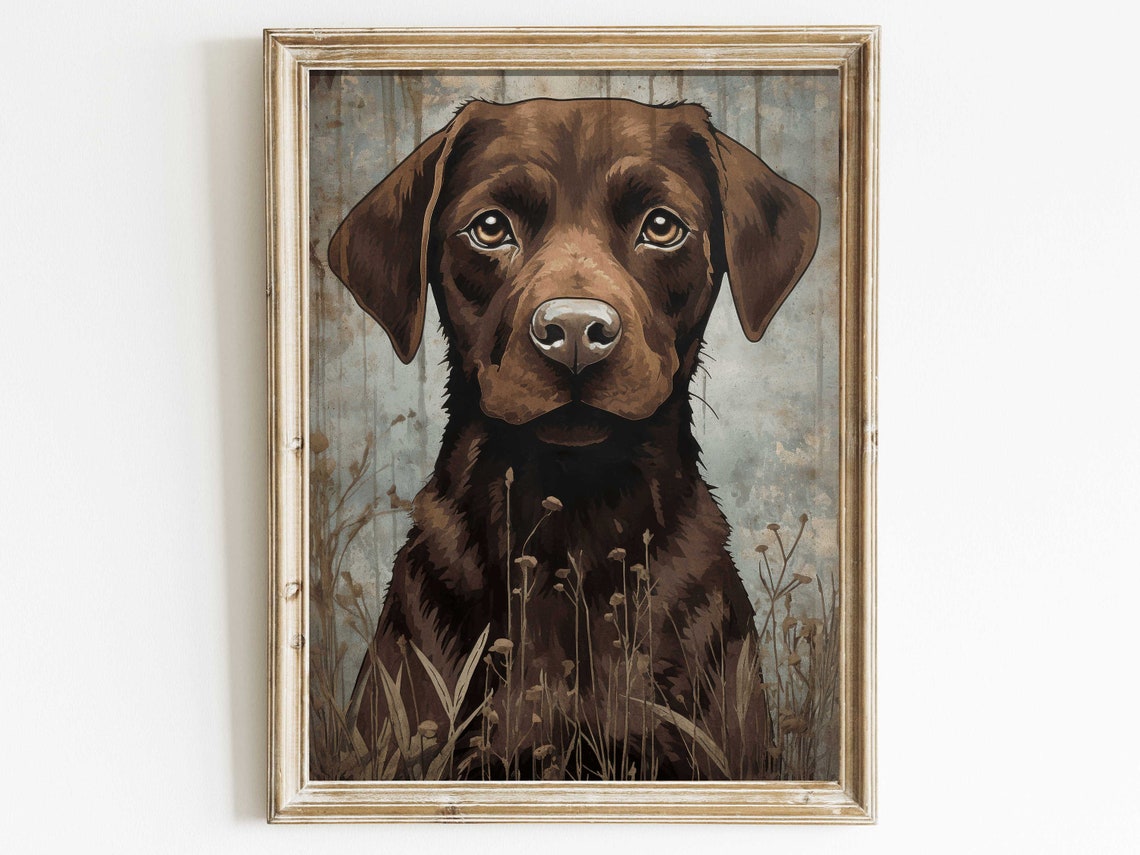 Chocolate Labrador Portrait Standing in Tall Grass Rustic Poster