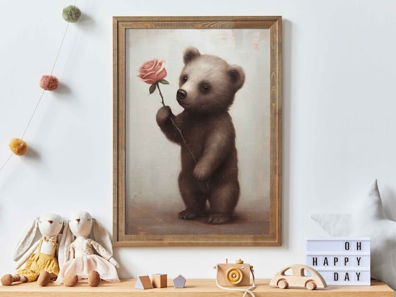 Vintage Baby Animal Wall Art Brown Bear Cub Holding A Pink Rose Unique Nursery Or Kids Room Decor Cute Art