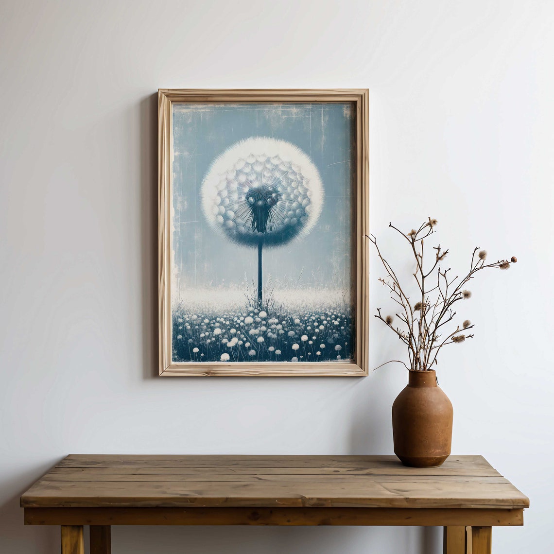 Giant Dandelion Seed Head Over Field Blue Vintage Botanical Poster - Image 2