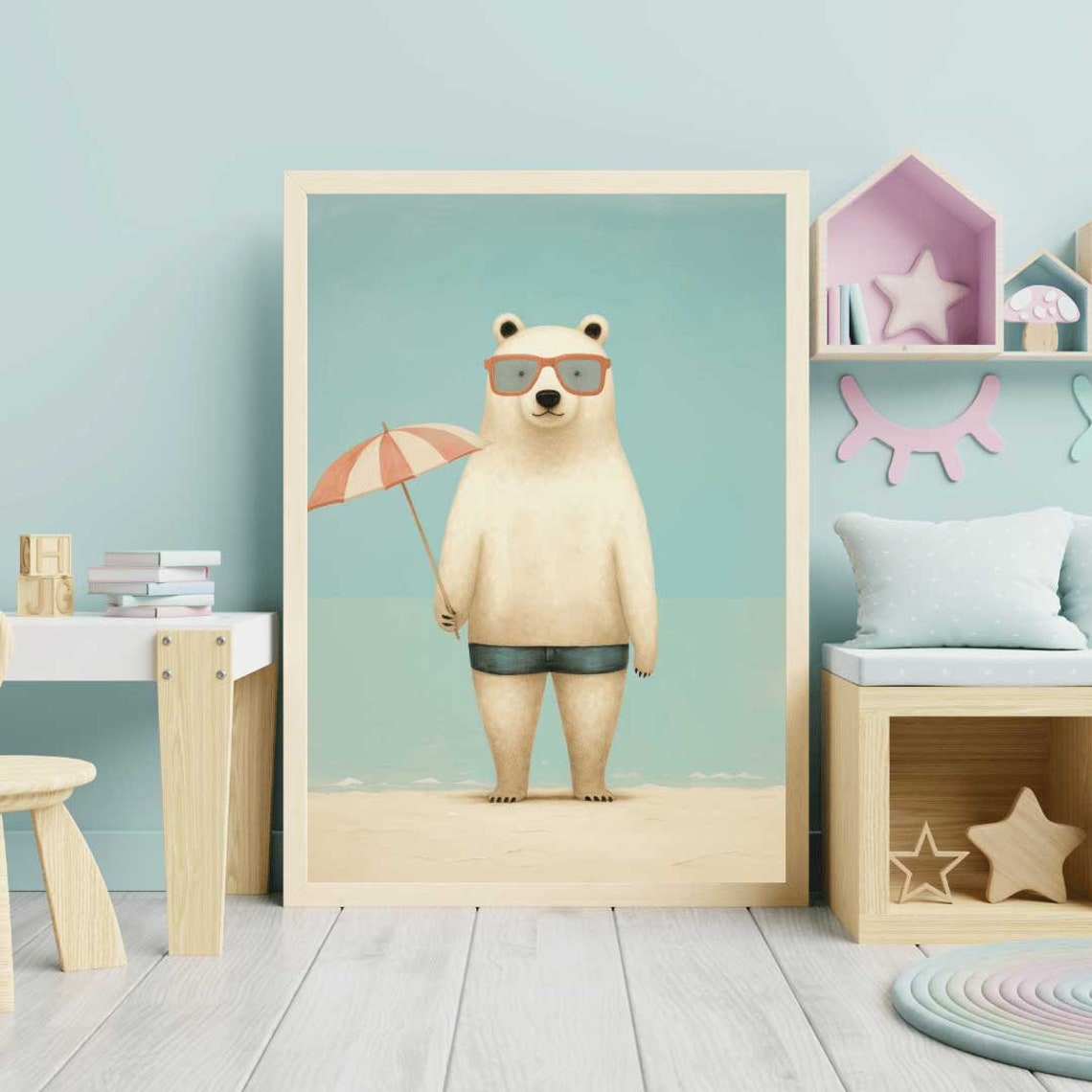 Polar Bear on Beach with Sunglasses and Striped Parasol Poster - Image 2