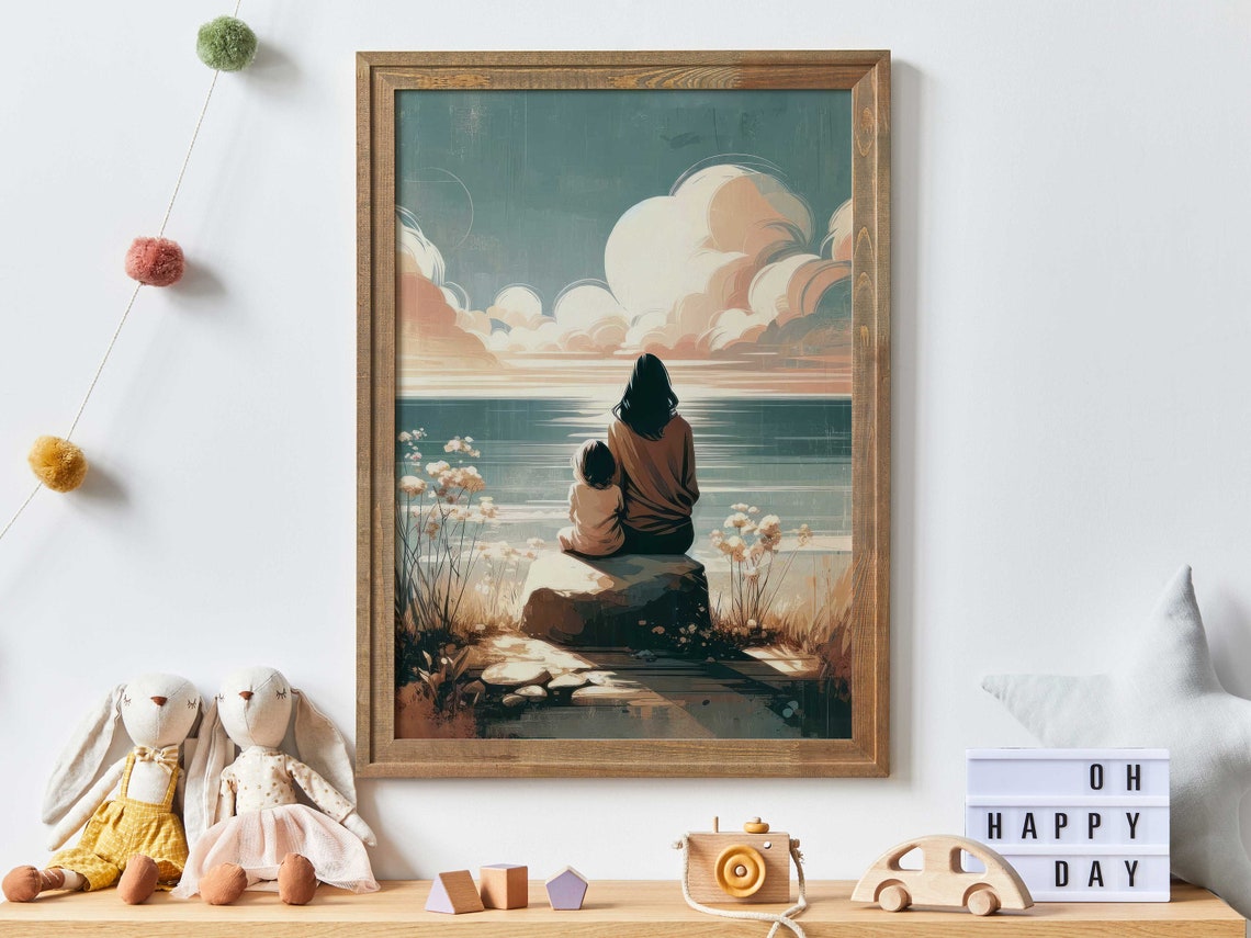 Mother And Daughter By The Sea At Sunset Vintage Style Poster - Image 3