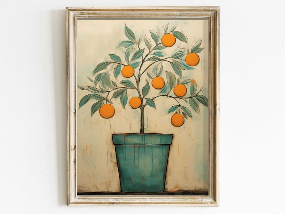 Potted Orange Tree Folk Art Mediterranean Citrus Kitchen Wall Poster