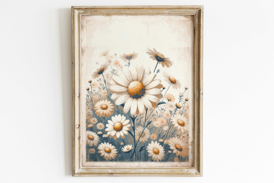 White Daisies Vintage Painting Poster Rustic Floral Cottage Decor