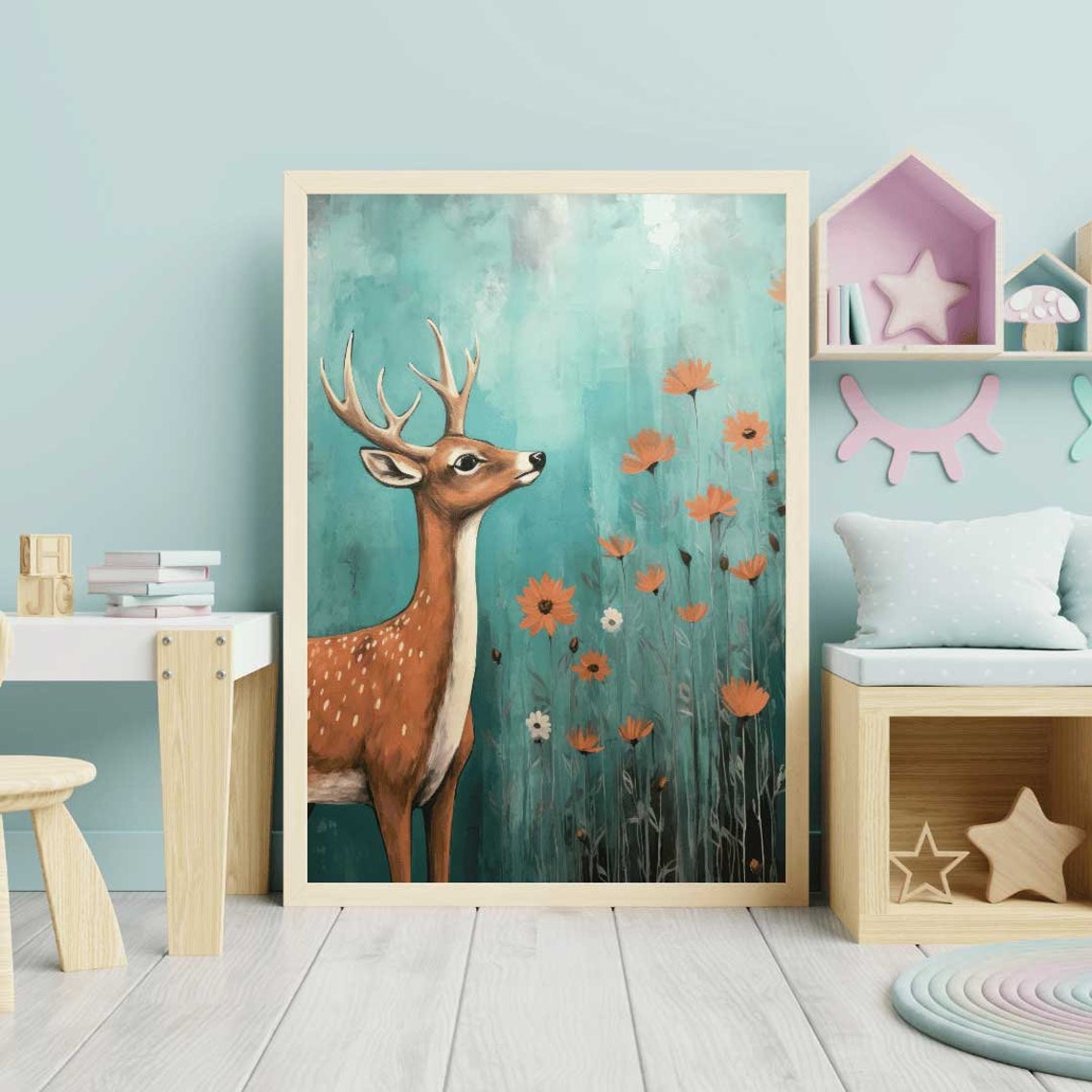 Spotted Fawn Deer Among Orange Wildflowers Nursery Wall Poster - Image 2